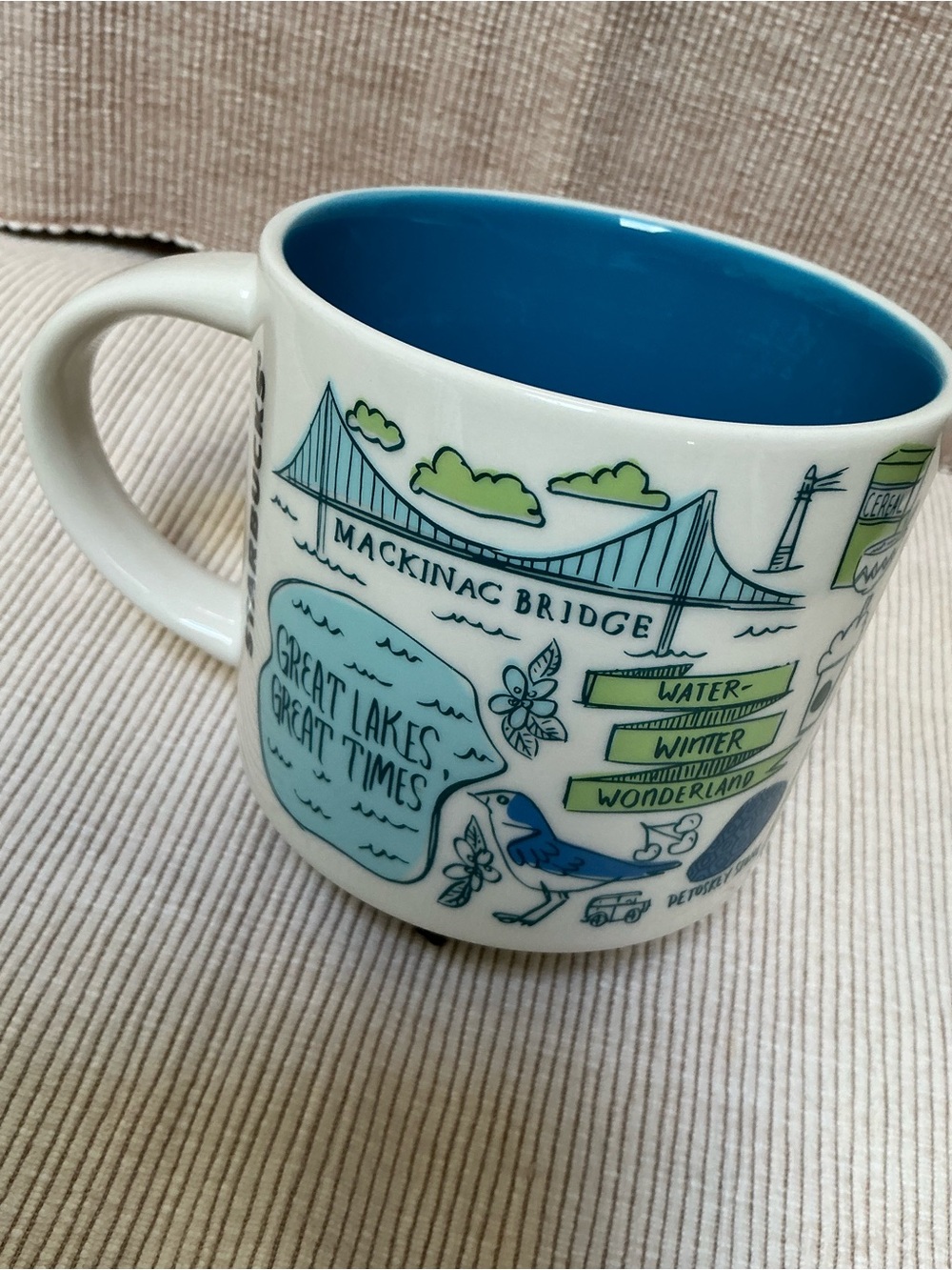 Starbucks White Mug with Blue and Green Mackinac Bridge Graphic - Picture 3 of 5